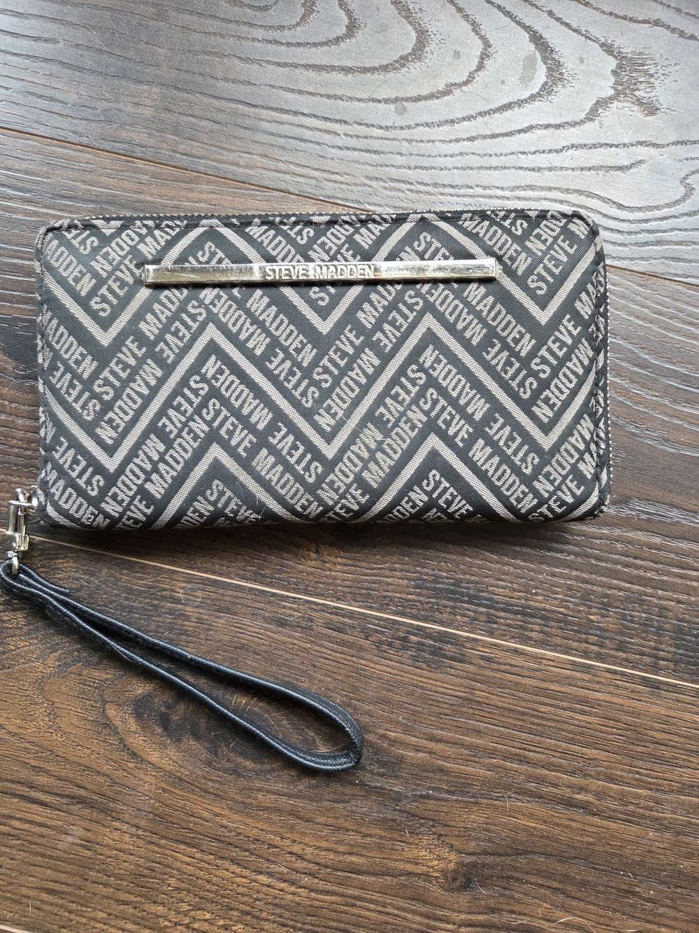 Steve Madden Black and White Logo Zip Pouch with Gold Accent